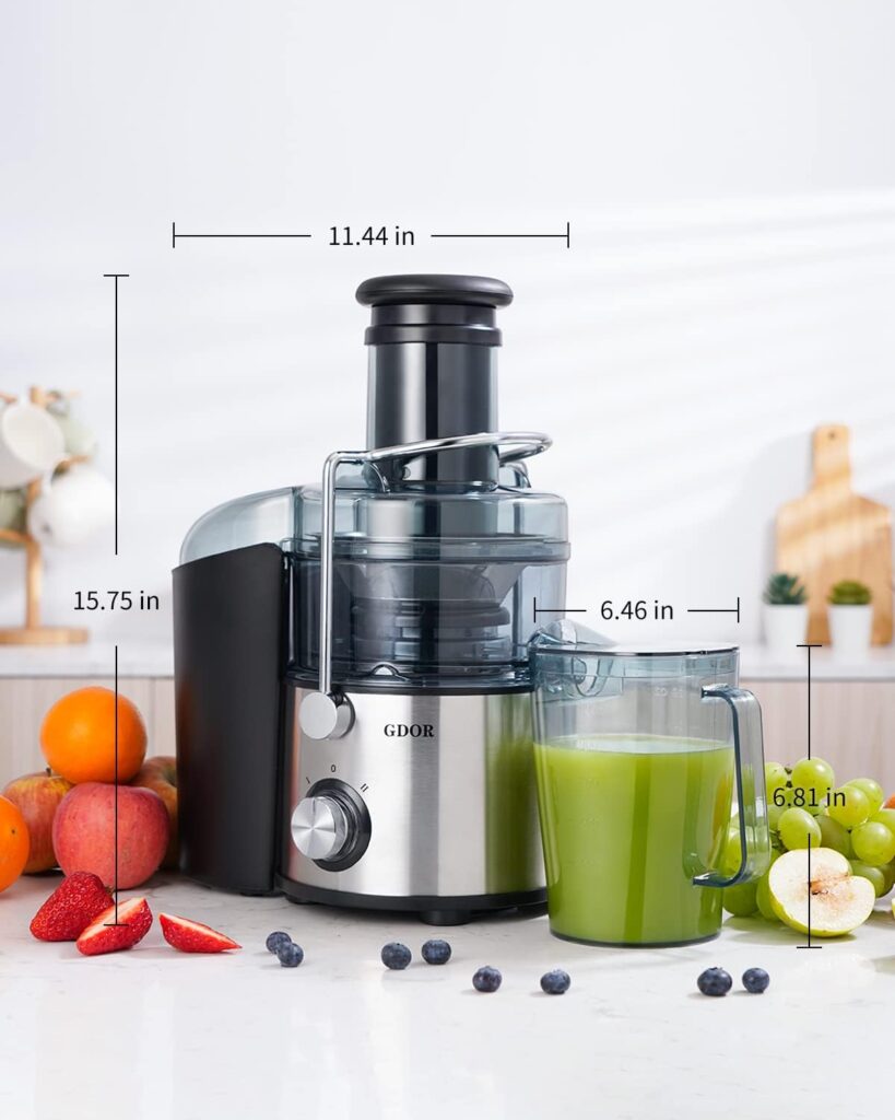 1200W GDOR Juicer with Titanium Enhanced Cut Disc, Larger 3” Feed Chute Juicer Machines for Whole Fruits and Vegetables, Centrifugal Juicer with 40 Oz Juice Pitcher, BPA-Free, Easy to Clean, Silver