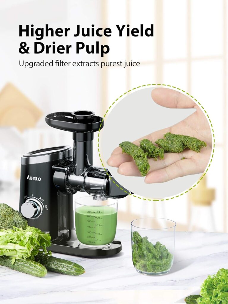 Aeitto Juicer Machines, Quiet Motor Juicer, Cold Press Juicer, Masticating Juicer, Celery Juicers, with Triple Modes,Reverse Function,Easy to Clean with Brush, Recipe for Vegetables And Fruits, Black