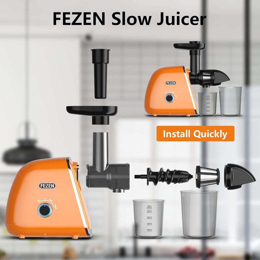 Cold Press Juicer, Fezen Juicer Machines Vegetable and Fruit Masticating juicer High Juice Yield/Two Modes/Quiet Motor With Reverse Function/Dishwasher Safe, Ideal Gift for Home