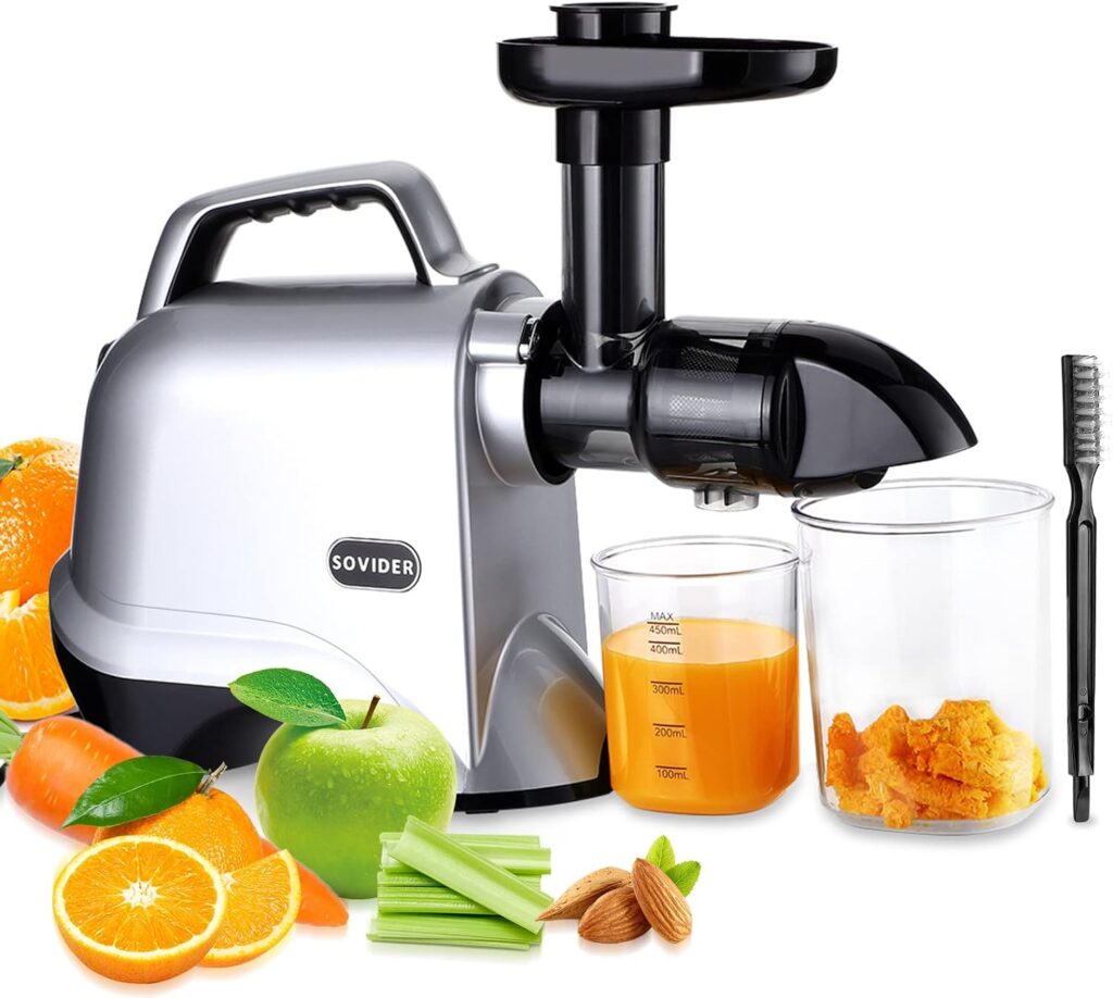 Cold Press Juicer Machines-SOVIDER Up to 92% Juice Yield Compact Slow Masticating Juicer 3.1 Wide Chute Slow Juicer for High Nutrient Fruits Vegetablable, Easy Cleaning with Brush (SVJ-001)