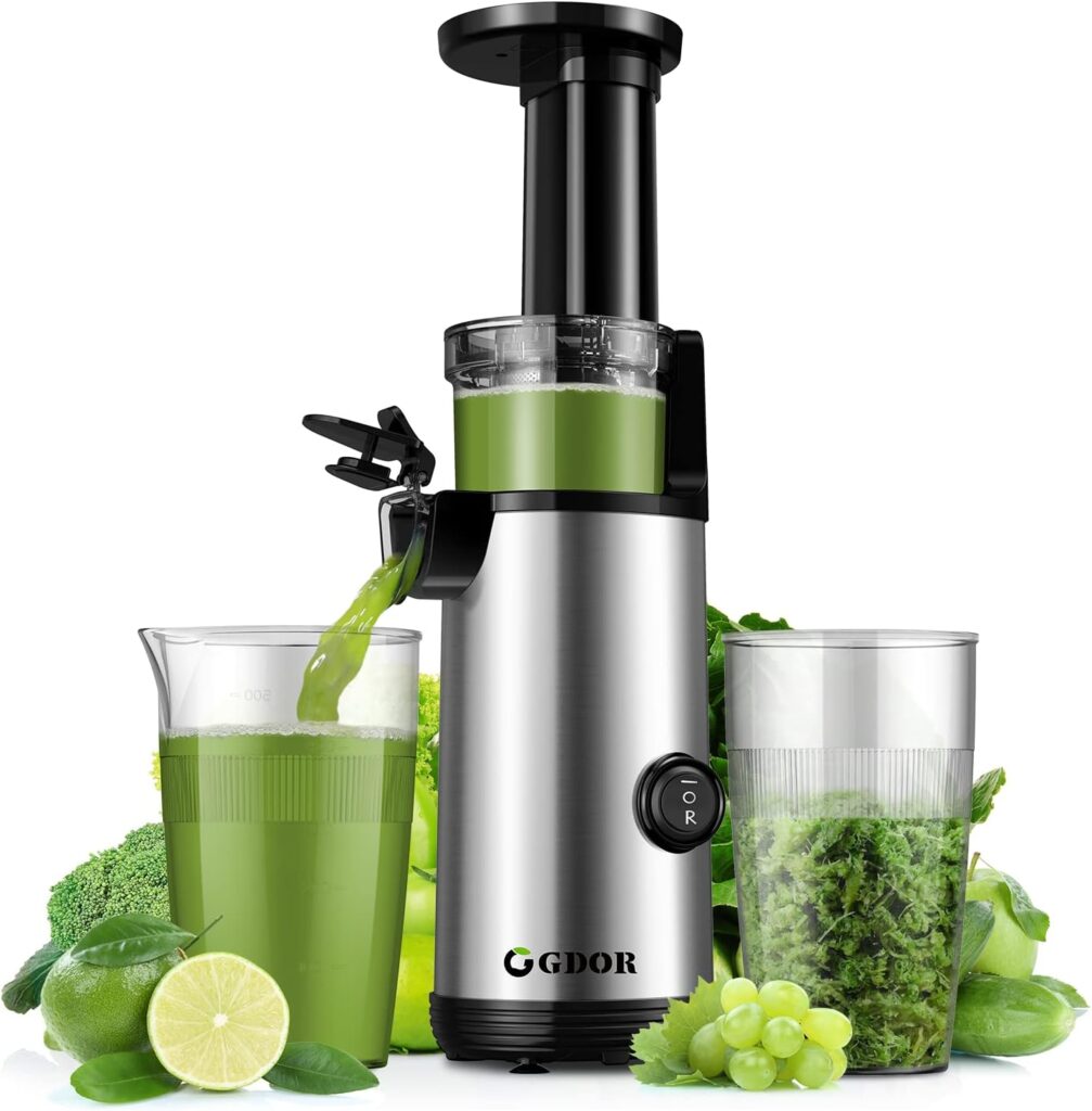 Compact GDOR Masticating Juicer with Powerful 60NM DC Motor, Low Noise, Space-Saving Cold Press Juice Exrtractor Machines, Easy to Clean Slow Juicer, Brush Included, 20 Oz Juice Cup, BPA-Free, Sliver