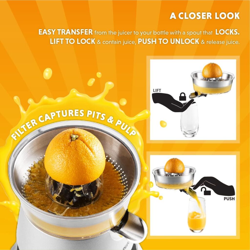 Eurolux Die Cast Stainless Steel Electric Citrus Juicer Squeezer, for Orange, Lemon, Grapefruit | 300 Watts of Power, With 2 Stainless Steel Filter Sizes for Pulp Control