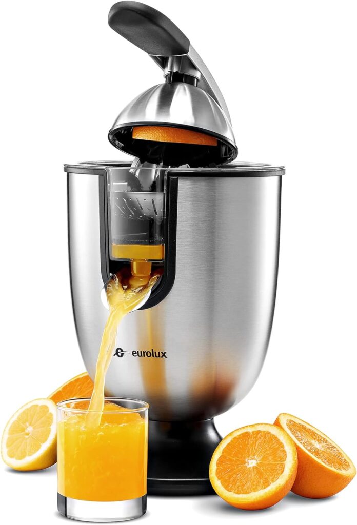 Eurolux Electric orange juicer squeezer | Pro Stainless Steel Citrus Juicer with Soft Grip Handle for Effortless Juicing, Also Fits Lime  Grapefruit Auto Shutoff, Dishwasher-safe Parts, Pulp Control