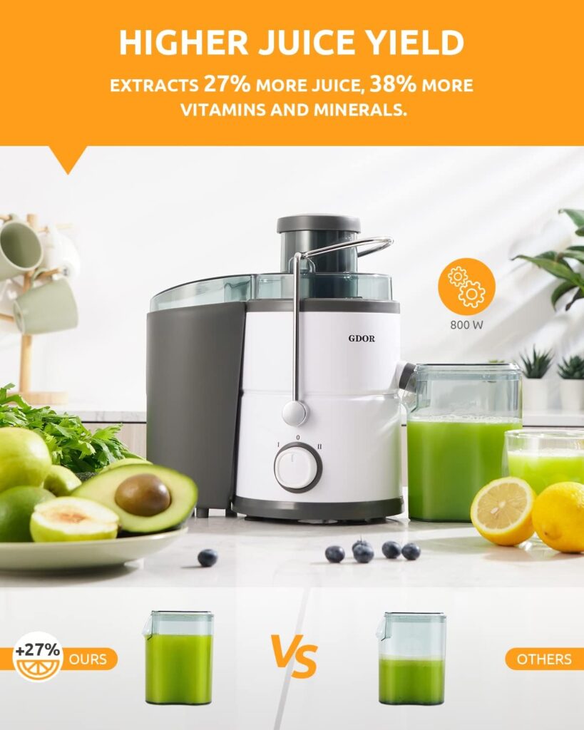 Juicer with 800W Motor, GDOR Juicer Machine with 3” Feed Chute, Dual Speeds Juice Maker for Fruits and Veggies, Anti-Drip Function Centrifugal Juicer, Include Cleaning Brush, BPA-Free, White