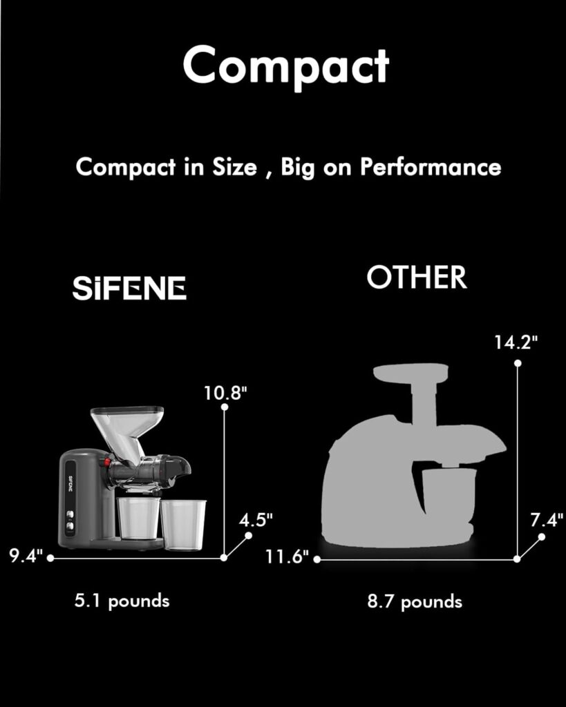 SiFENE Compact Cold Press Juicer, Single-Serve Slow Masticating Juicer for Small Families, Easy to Clean, Anti-Clog, Quiet Motor, Safe for Kids, BPA Free for Minimalist Kitchens