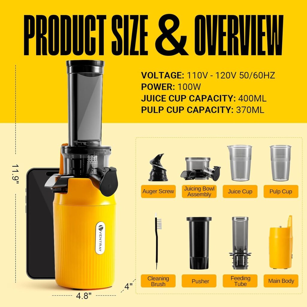 Ventray Essential Ginnie Juicer Compact Small Cold Press Juicer Masticating Slow Juicer with 60RPM Low Speed, Easy to Clean  Nutrient Dense, Eco-Friendly Packaging, Sunny Yellow