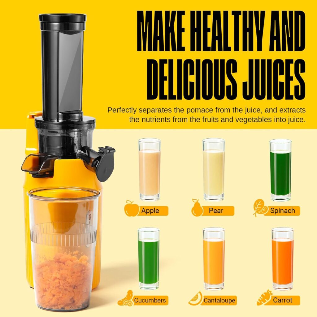 Ventray Essential Ginnie Juicer Compact Small Cold Press Juicer Masticating Slow Juicer with 60RPM Low Speed, Easy to Clean  Nutrient Dense, Eco-Friendly Packaging, Sunny Yellow