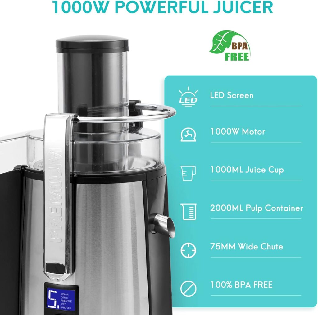 1000W 5-SPEED LCD Screen Centrifugal Juicer Machines Vegetable and Fruit, Healnitor Juice Extractor with Big Adjustable 3 Wide Chute, Easy Clean, BPA-Free, High Juice Yield, Silver