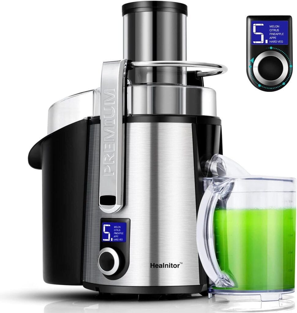 1000W 5-SPEED LCD Screen Centrifugal Juicer Machines Vegetable and Fruit, Healnitor Juice Extractor with Big Adjustable 3 Wide Chute, Easy Clean, BPA-Free, High Juice Yield, Silver