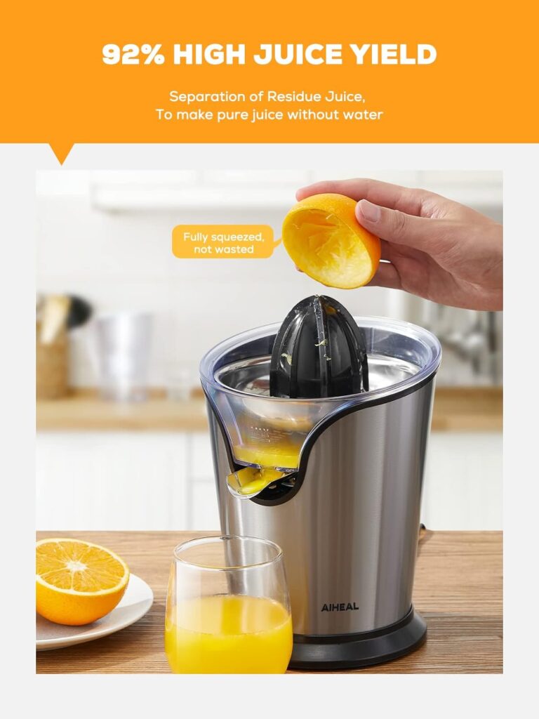 Aiheal Electric Citrus Juicer, Orange Juicer Squeezer with Two Interchangeable Cones Suitable for All Size of Citrus Fruits, Anti-drip Spout and Ultra Quiet Motor, BPA Free, Brushed Stainless Steel