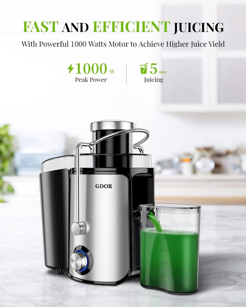 Juicer Machines with 1000W Motor, GDOR Extra Wide 3” Feed Chute Juicer, Juice Extractor for Whole Fruits and Vegetables, Easy to Clean Juice Maker, Centrifugal Juicer, BPA-Free, Anti-Drip, Silver